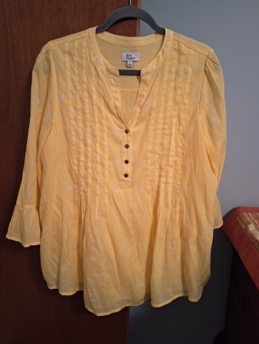 Kim Rogers Yellow Pintuck Button-Front Tunic w/ White Dot Accents Women's Size L